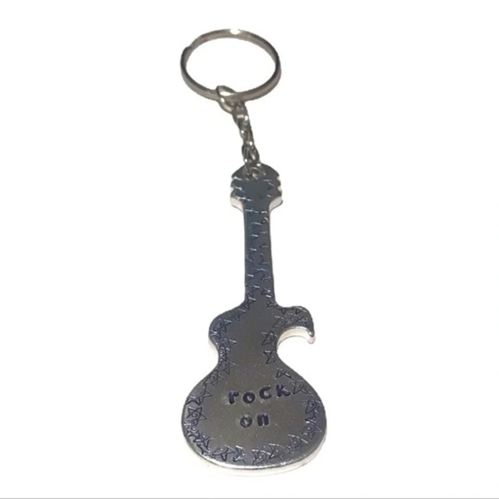 Handmade stamped “rock on” star pattern guitar shaped bottle opener‎ keychain